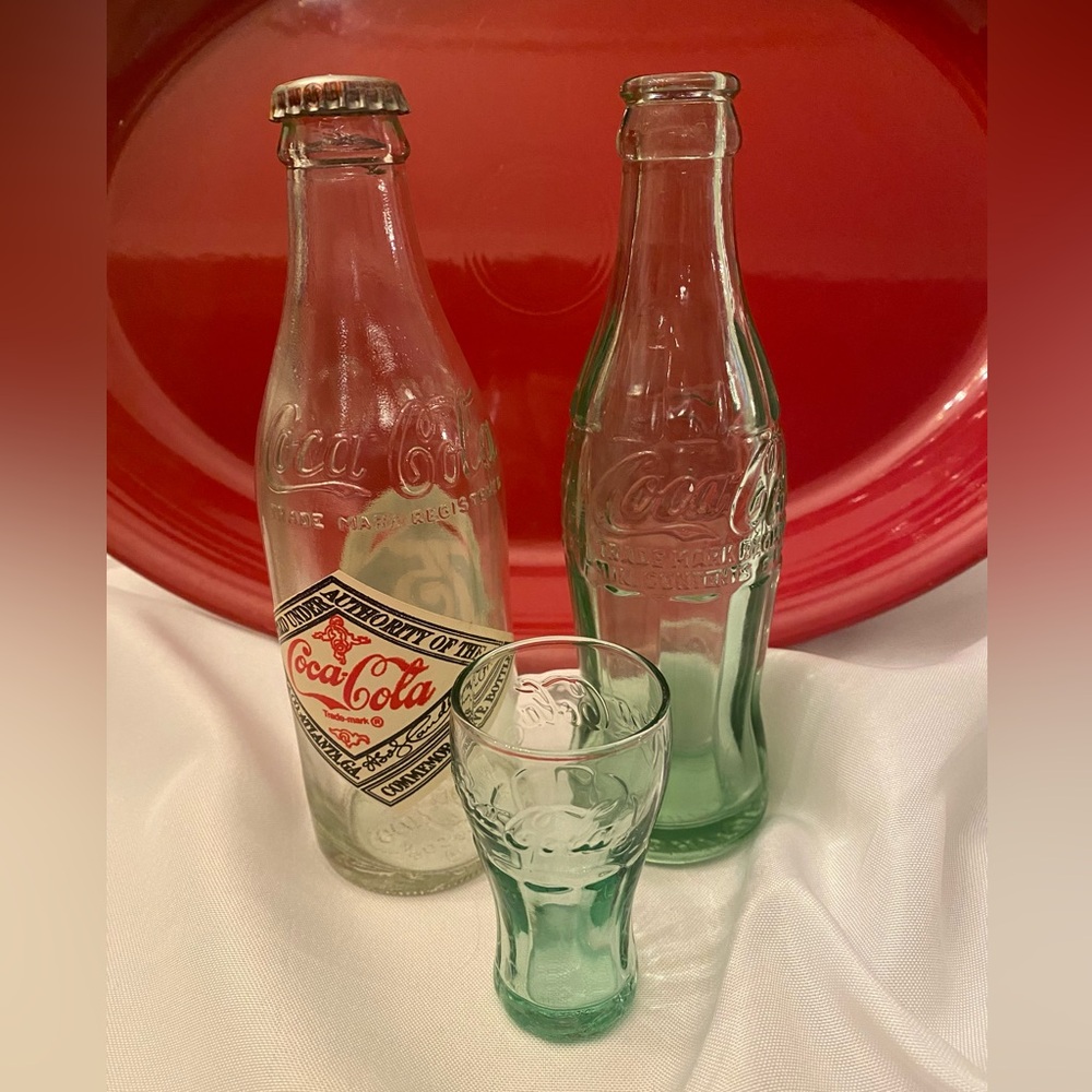 Vintage CocaCola & 75th Anniversary Bottles plus a Mini CocaCola Glassware